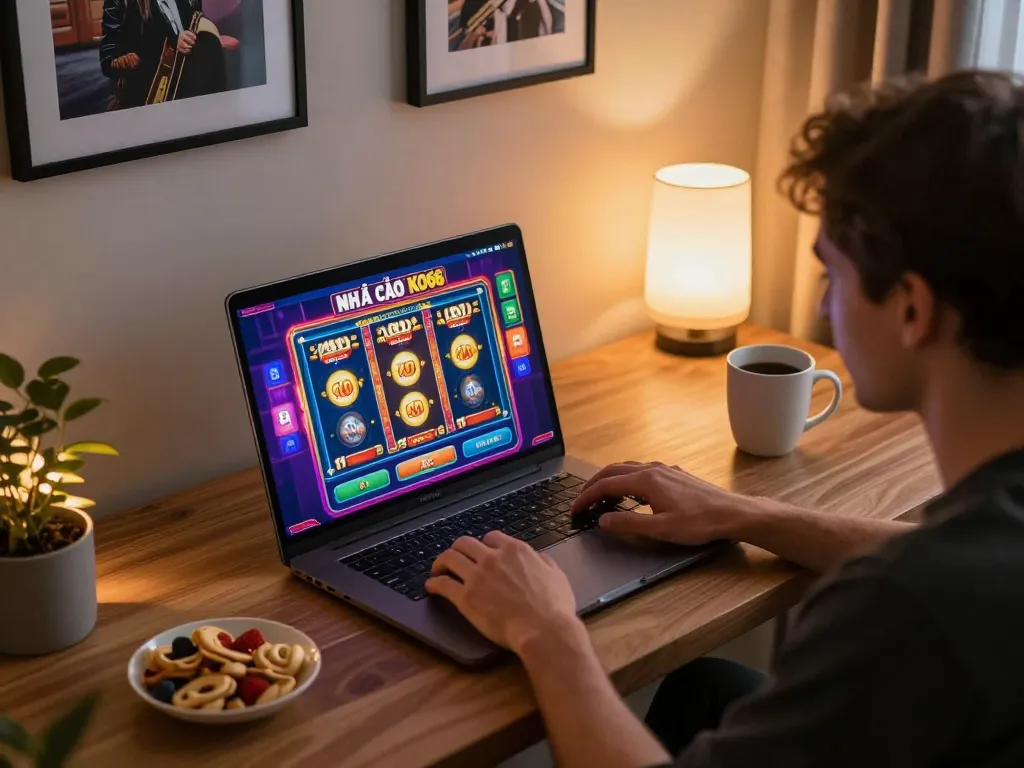 Engaging with NHÀ CÁI KO66 at home, enjoying online slots in a cozy atmosphere.