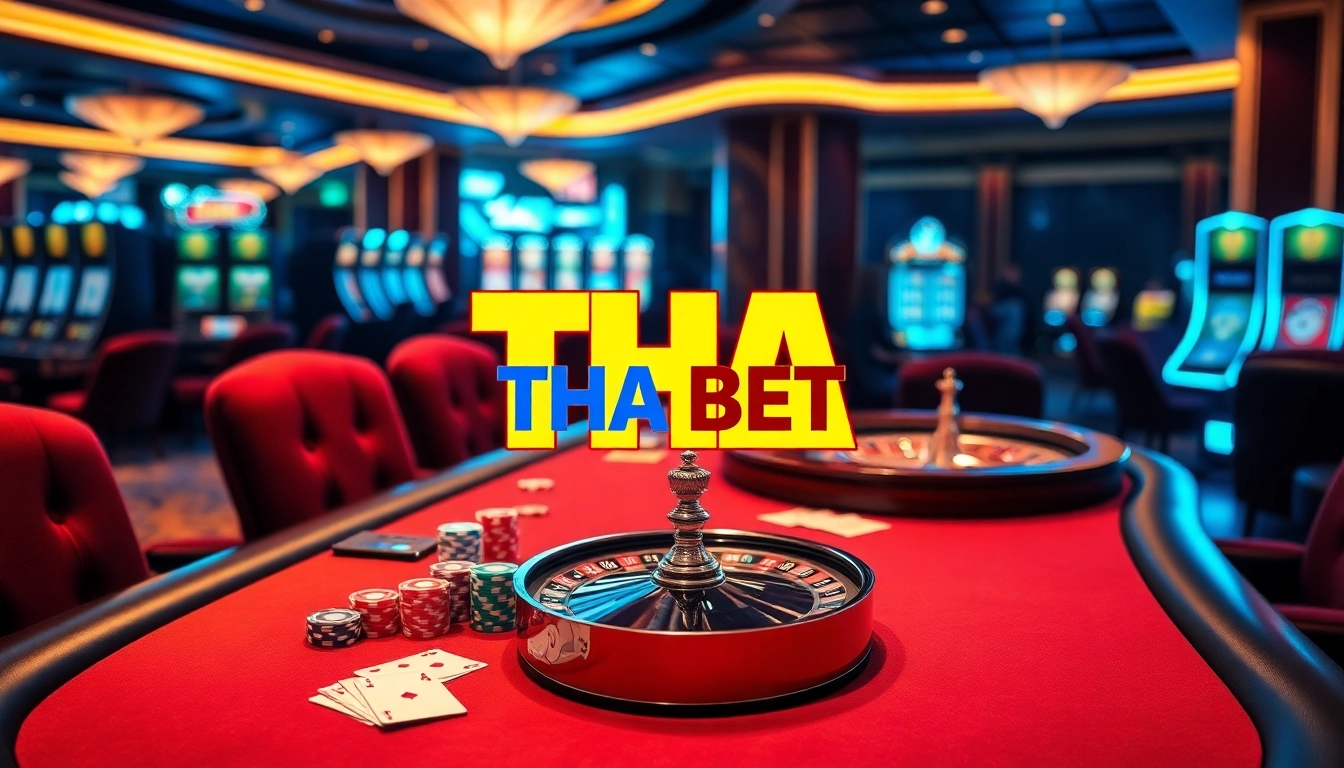 Exciting casino experience at THA BET with poker chips and cards on a vibrant table.