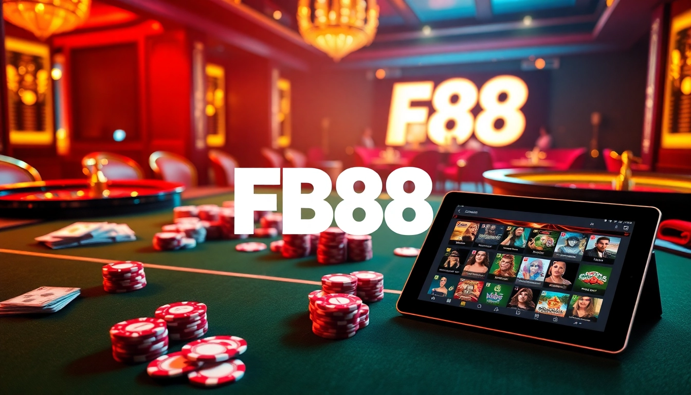 Engaged gambler enjoying online games at FB88 casino with vibrant poker chips and cards.
