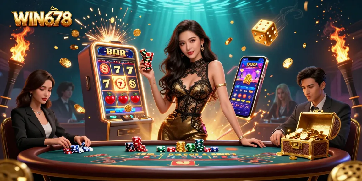 WIN678 showcases a luxurious gaming experience with vibrant casino elements and a stunning Baccarat scene.