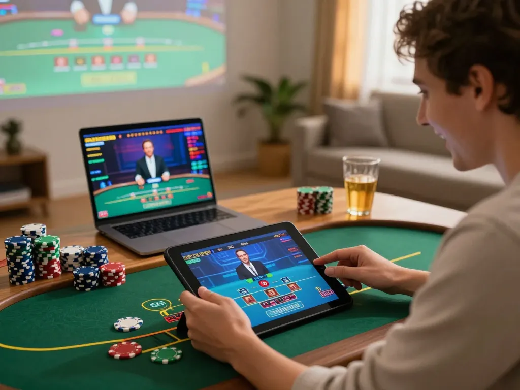 Engaging in a live dealer blackjack game on https://mm88vin.com/ from home, showcasing an exciting online gaming experience