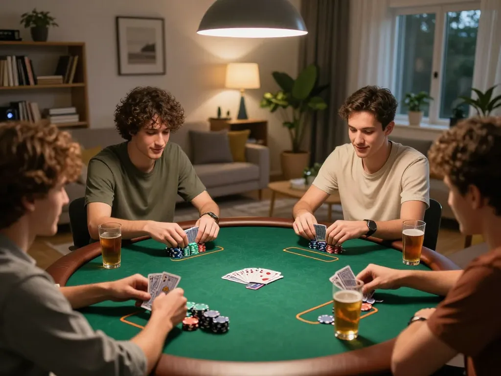 Friends enthusiastically playing game bài in a cozy home setting at night with poker table and warm lighting.