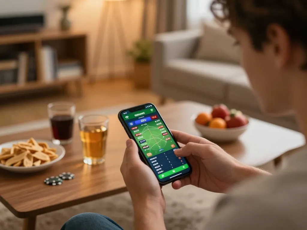 577F sports betting on a smartphone with dynamic odds displayed in a cozy home atmosphere.