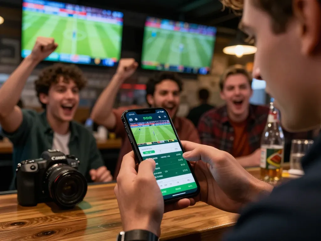 KQBD sports betting enthusiast placing live bets on smartphone in lively sports bar.
