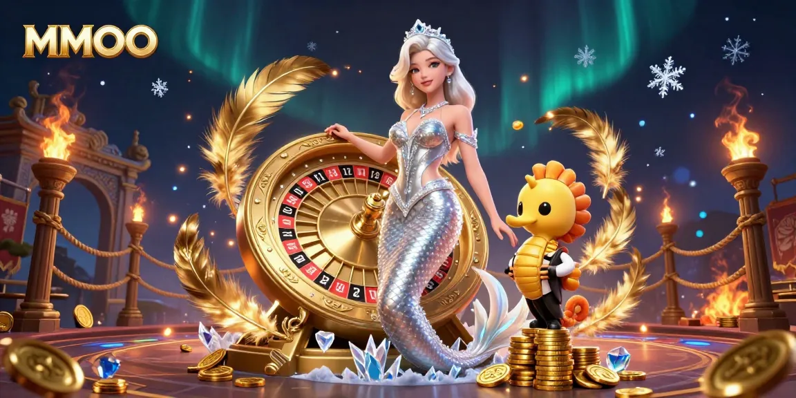 Engage with MMOO's vibrant casino scene featuring roulette, gold coins, and dynamic characters.