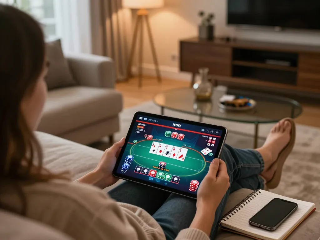 Person engaged in ALO8 online gaming on a tablet within a cozy, modern home setup
