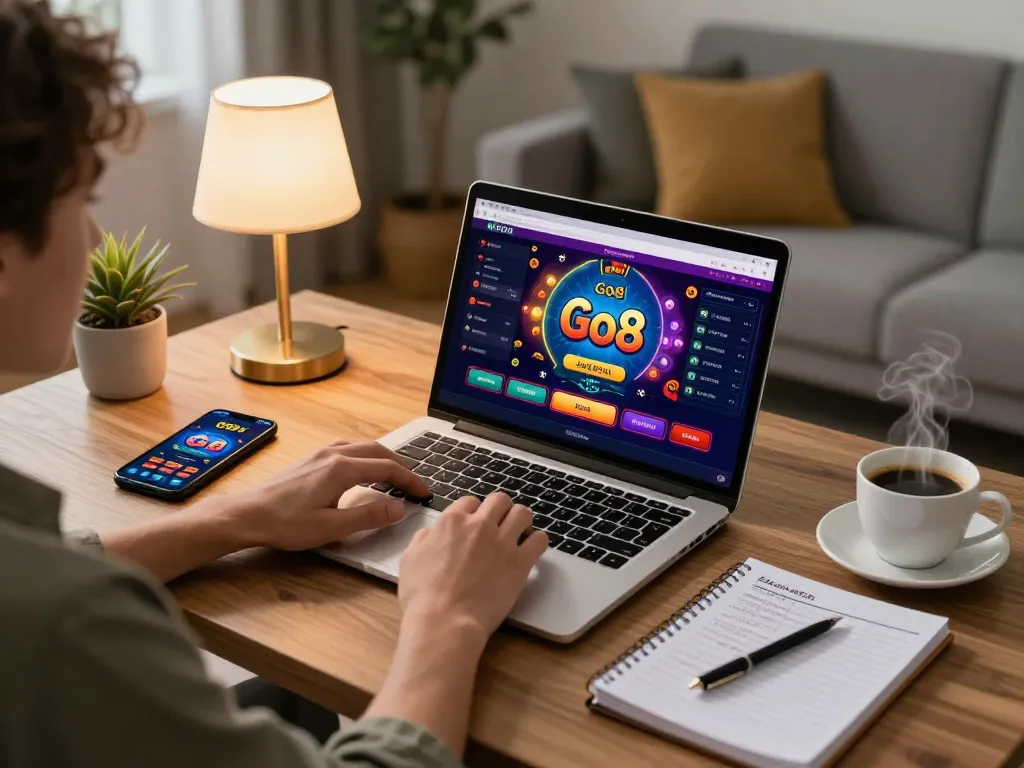 Person enjoying an online game at Go8, showcasing vibrant casino interface and strategic notes.