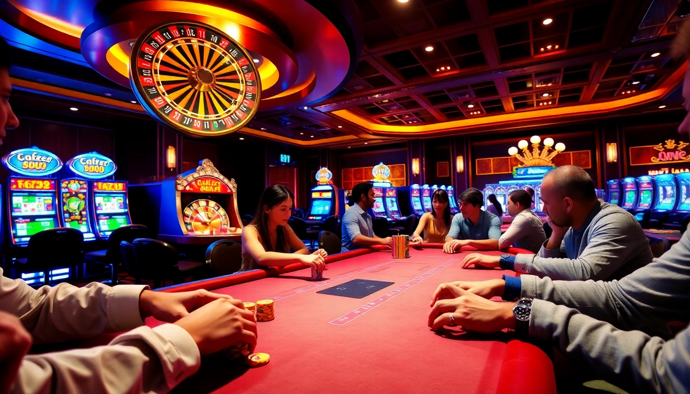 High-stakes game table at a luxurious casino showcasing Hello88 excitement with poker chips and cards.