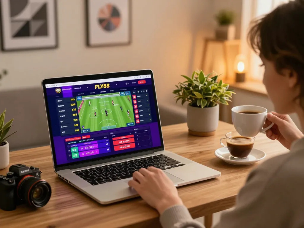 FLY88 user actively placing sports bets on a laptop in a modern home office, vibrant betting interface