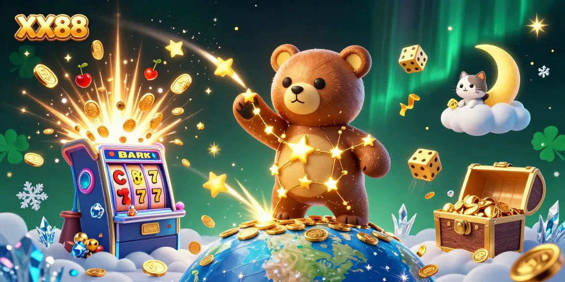 Engage with interactive elements at XX88 as the constellation bear scoops coins amidst a vibrant jackpot scene.