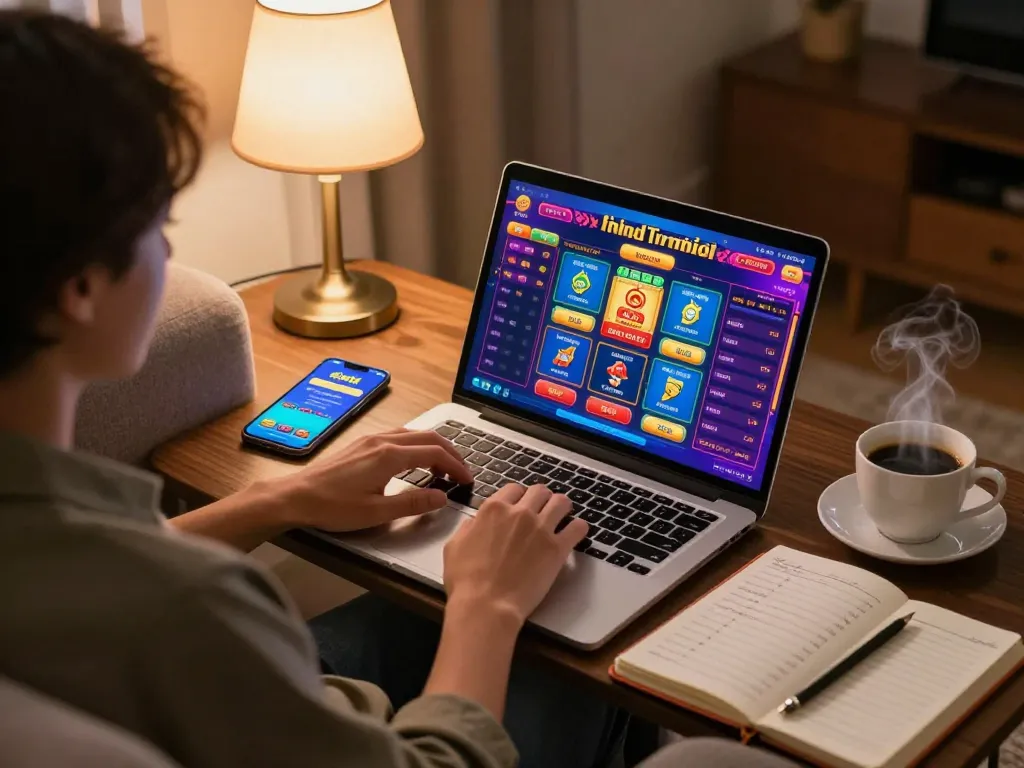 Engaged player exploring dn88 trang chủ online gaming features on cozy home setup with notebook and smartphone.