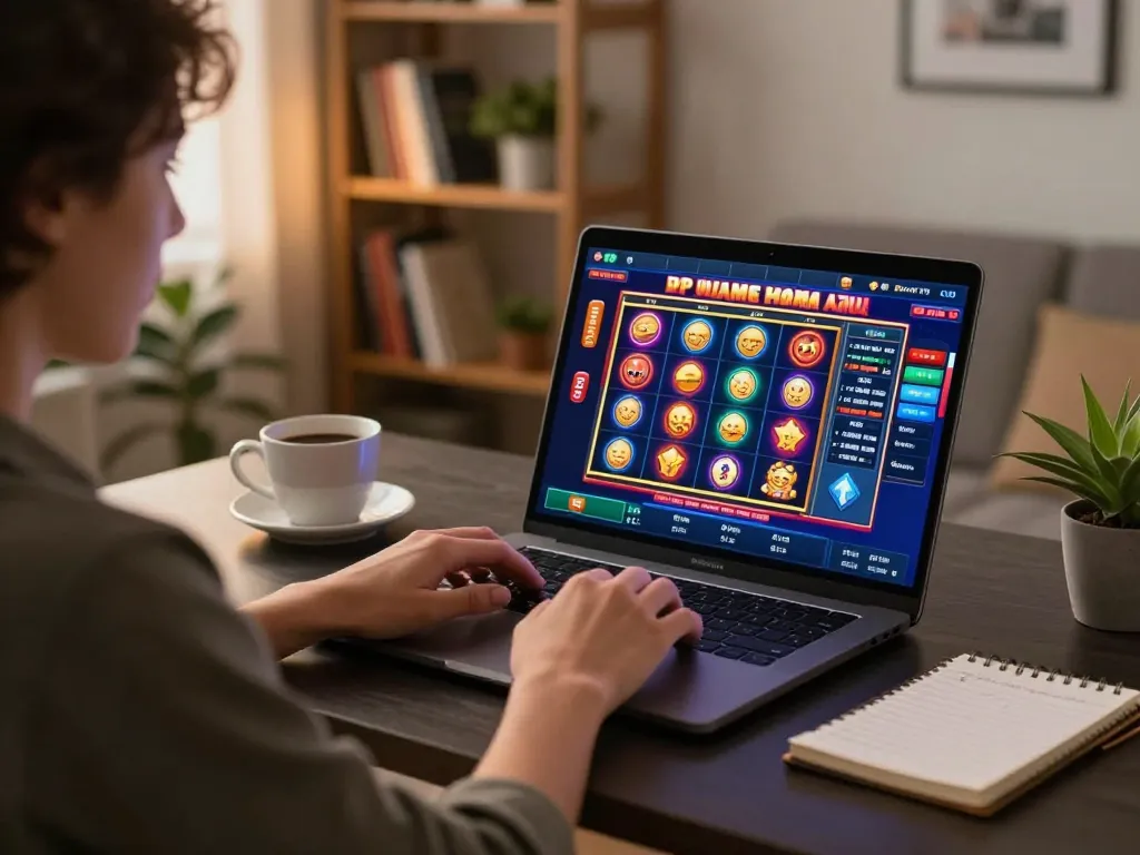 Engaging in online casino gaming with okking from a stylish home office setup, showing vibrant slot game interface.