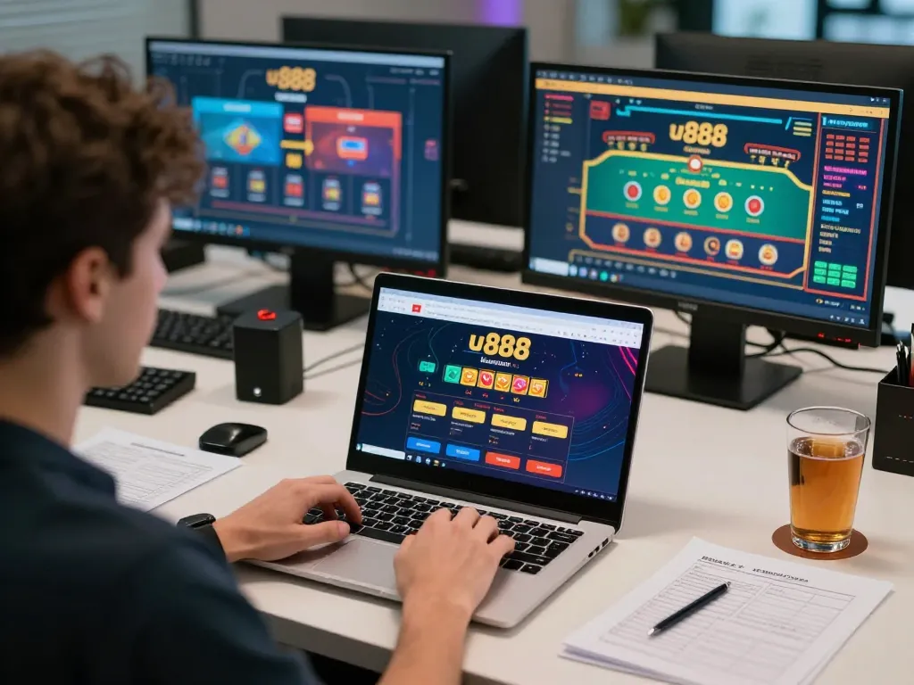 Player engaging in online gambling at u888 with multiple screens showing diverse games.