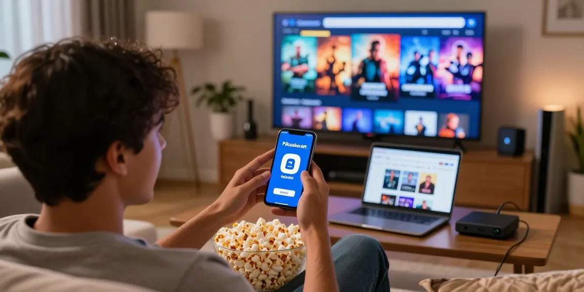 Pikashow APK download on smartphone in a cozy living room with a TV, popcorn, and modern devices.
