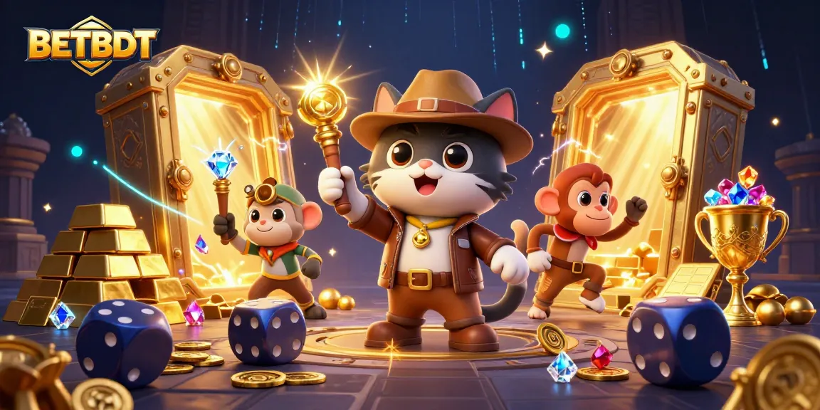 BETBDT cat archaeologist discovering golden casino treasure in a vibrant 3D illustration