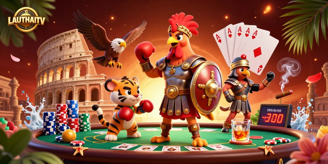 Experience the excitement of LAUTHAITV as a gladiator rooster battles in a vibrant gambling arena.