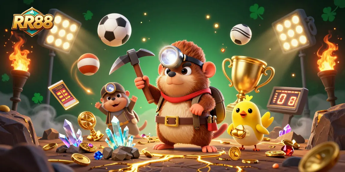 Engage with RR88's thrilling gaming action featuring vibrant characters surrounded by sports elements and treasure.