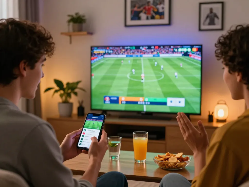 Person using kqbd app for live sports betting while watching a football match.
