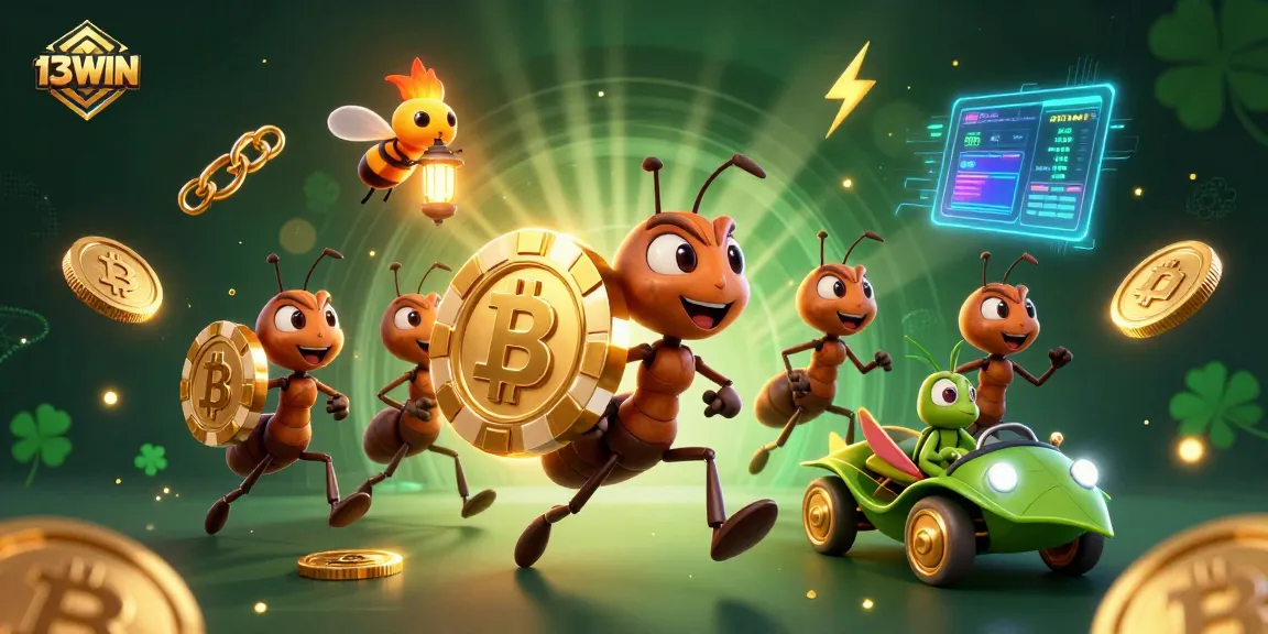 Experience the thrill of 13WIN with ants heisting a giant poker chip among vibrant crypto elements.