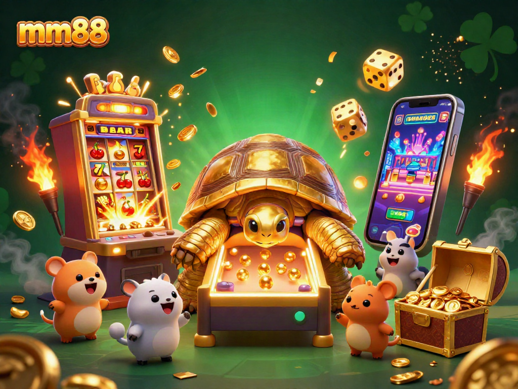 Spin and win at mm88 with a vibrant illustration of lively casino fun and golden treasures.