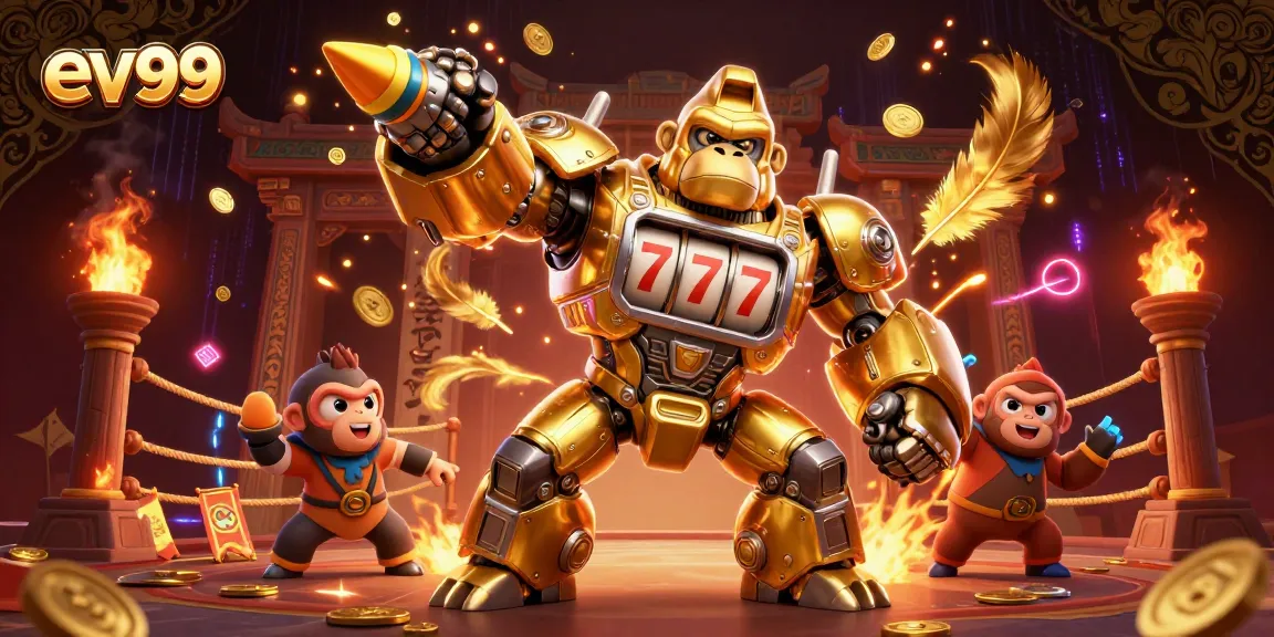 ev99 showcases a golden gorilla mech with slot machine parts celebrating a jackpot explosion.
