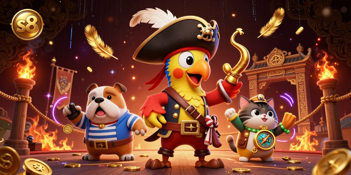Experience thrilling gameplay at s8 with vibrant 3D casino action featuring a pirate captain and companions.