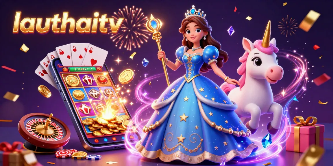 Play thrilling casino games with lauthaitv’s vibrant scene filled with slot games, festive characters, and magical elements.