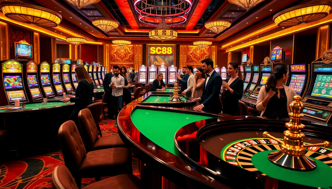 Players enjoying games at the SC88 online casino with vibrant slot machines and elegant tables.