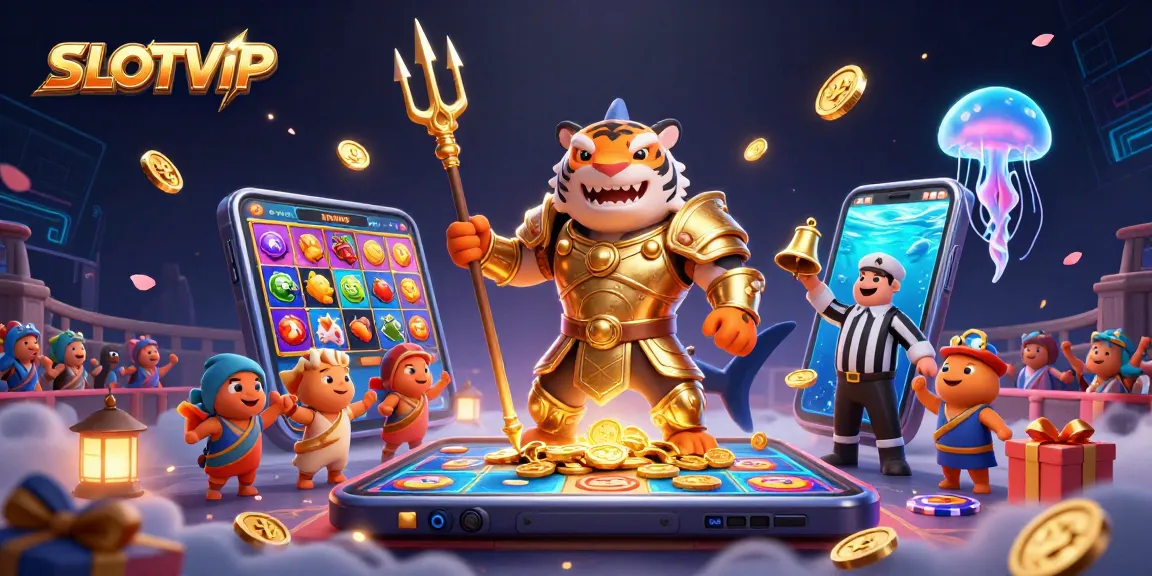 SLOTVIP engaging players in vibrant 3D underwater casino with golden slots and colorful game action