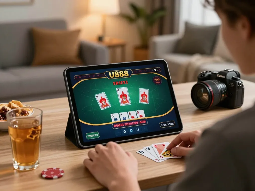 Player enjoying a blackjack game on U888 tablet, showcasing strategic online gambling.