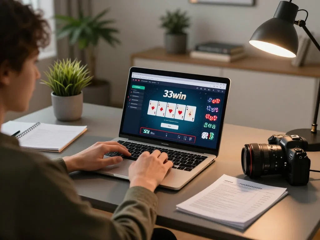 Playing online poker on 33win with a laptop, featuring cards and strategy notes.