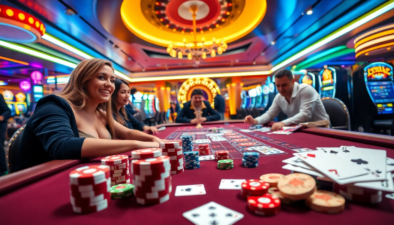 Players enjoying the exhilarating gaming experience at NOHU90 COM casino with vibrant tables and slot machines.
