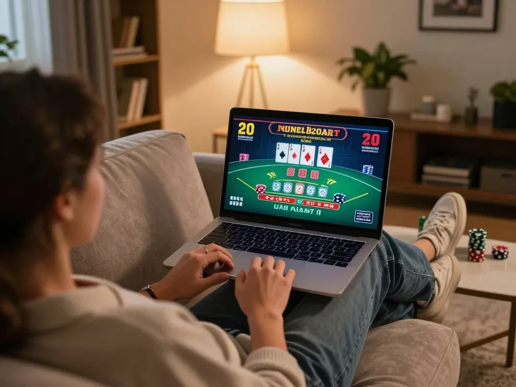 Engaging in strategic blackjack gameplay on sunwin's online casino platform from a cozy home setting.