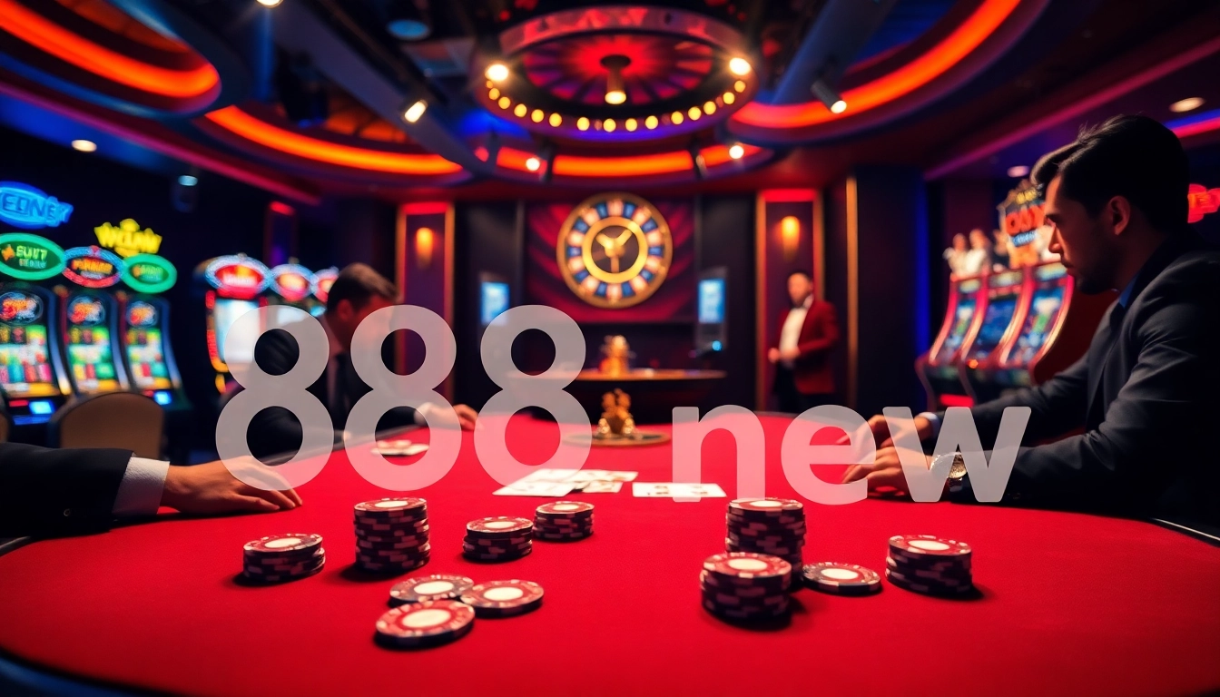 Engaging poker players strategizing at the 888new casino table amid vibrant slot machines.