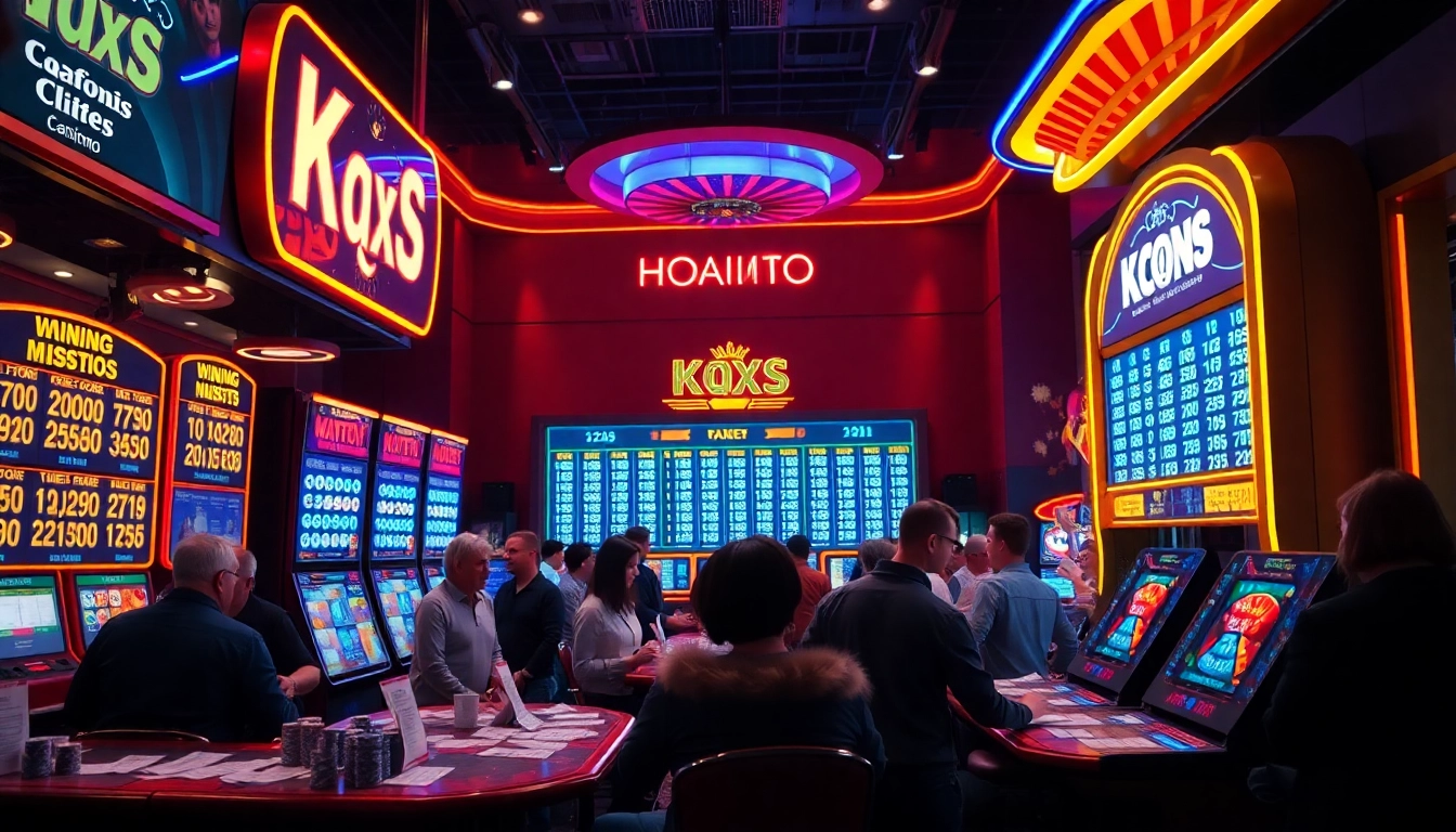 Kqxs lottery players checking winning numbers at a vibrant casino booth.