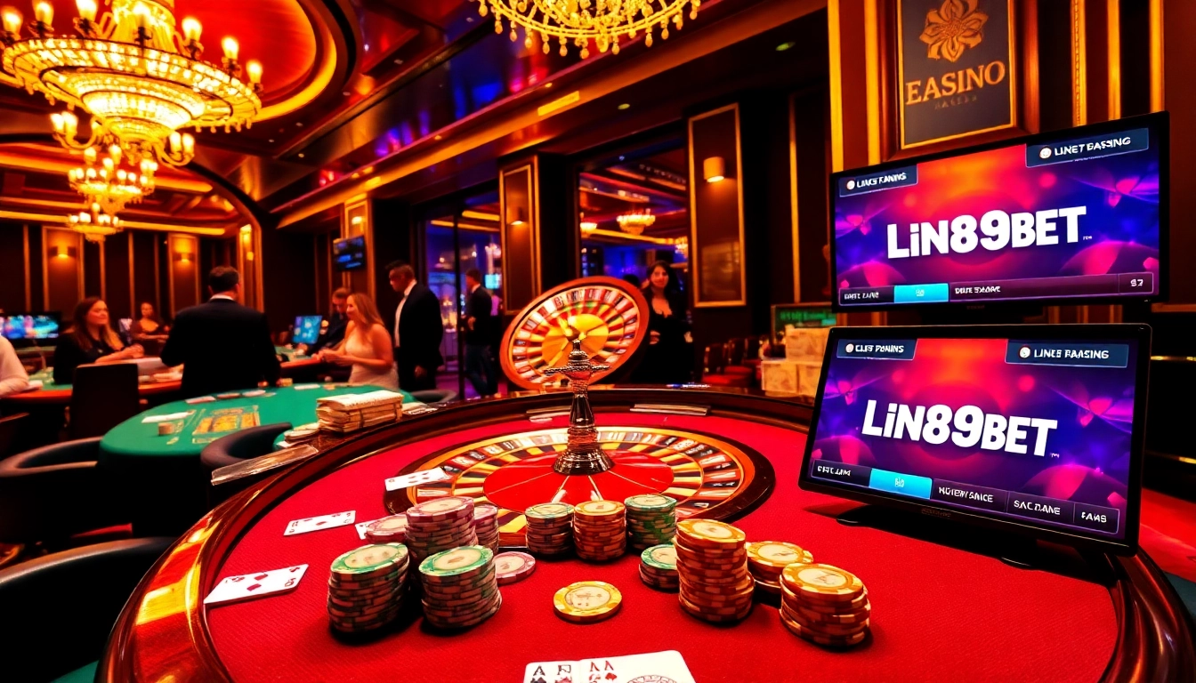Experience high-stakes action at a poker table featuring Link 9BET amidst a glamorous casino setting.