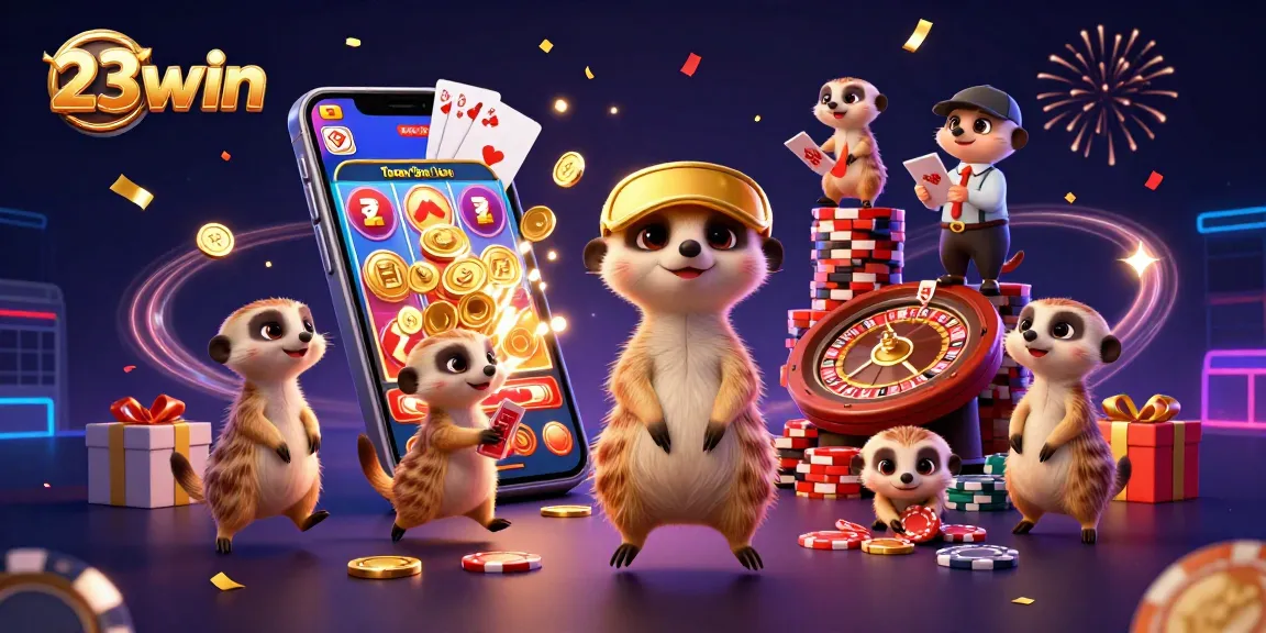 Experience thrilling wins at 23win with cartoon meerkats in a vibrant casino atmosphere.