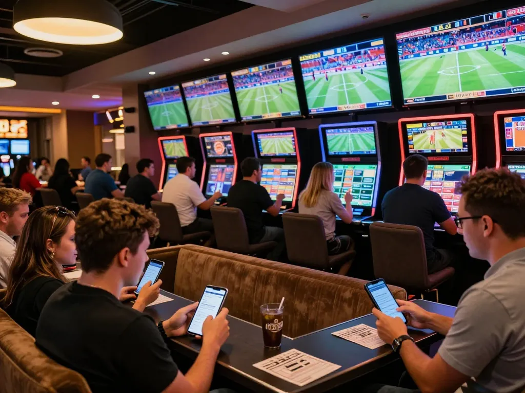 Bsport users placing sports bets in an energetic casino setting with live event screens.