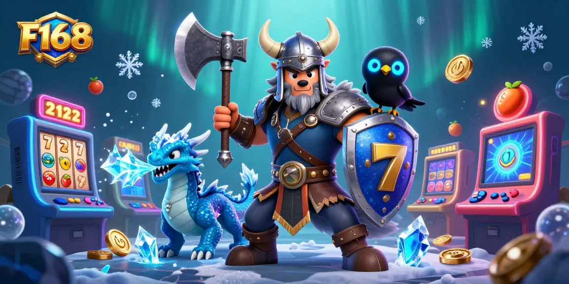 Engage in thrilling F168 casino adventures with a Viking warrior, fierce dragon, and glowing raven amidst exciting gaming action.