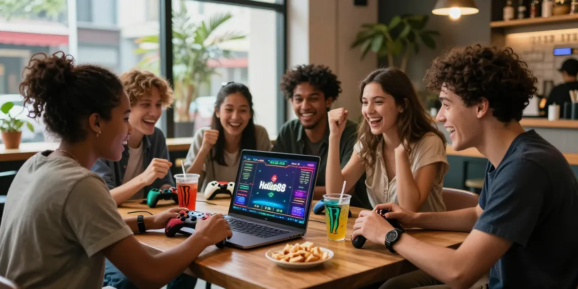 Hello88 gaming excitement with friends at a café, showcasing vibrant atmosphere.
