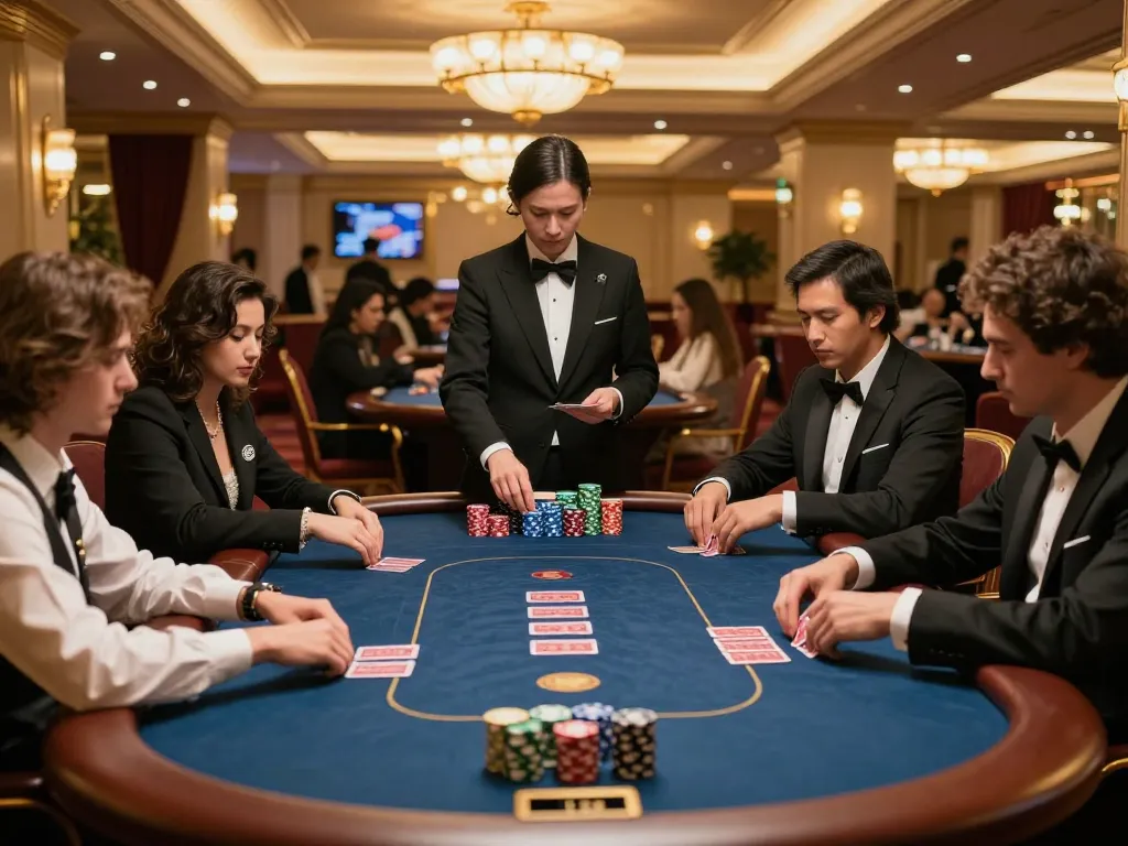 KJC members enjoy an upscale poker game at a luxury casino, showcasing strategy and excitement.