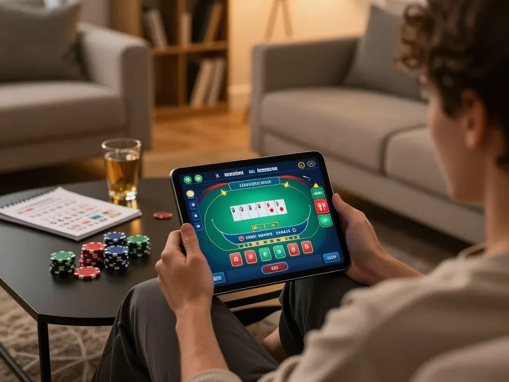 Engaging online gaming experience on the taya777app showing a poker game on a tablet with strategy notes.