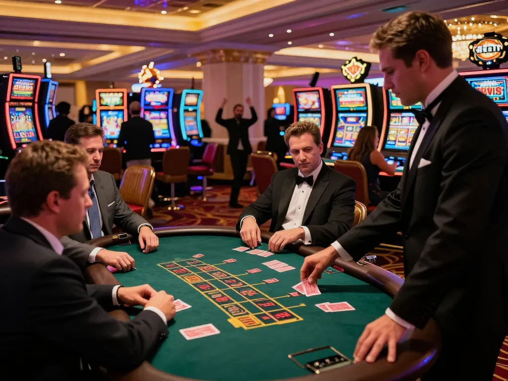 Exciting blackjack gameplay scene at a Las Vegas casino, featuring players, dealers, and vibrant atmosphere at https://cak-t.com/.