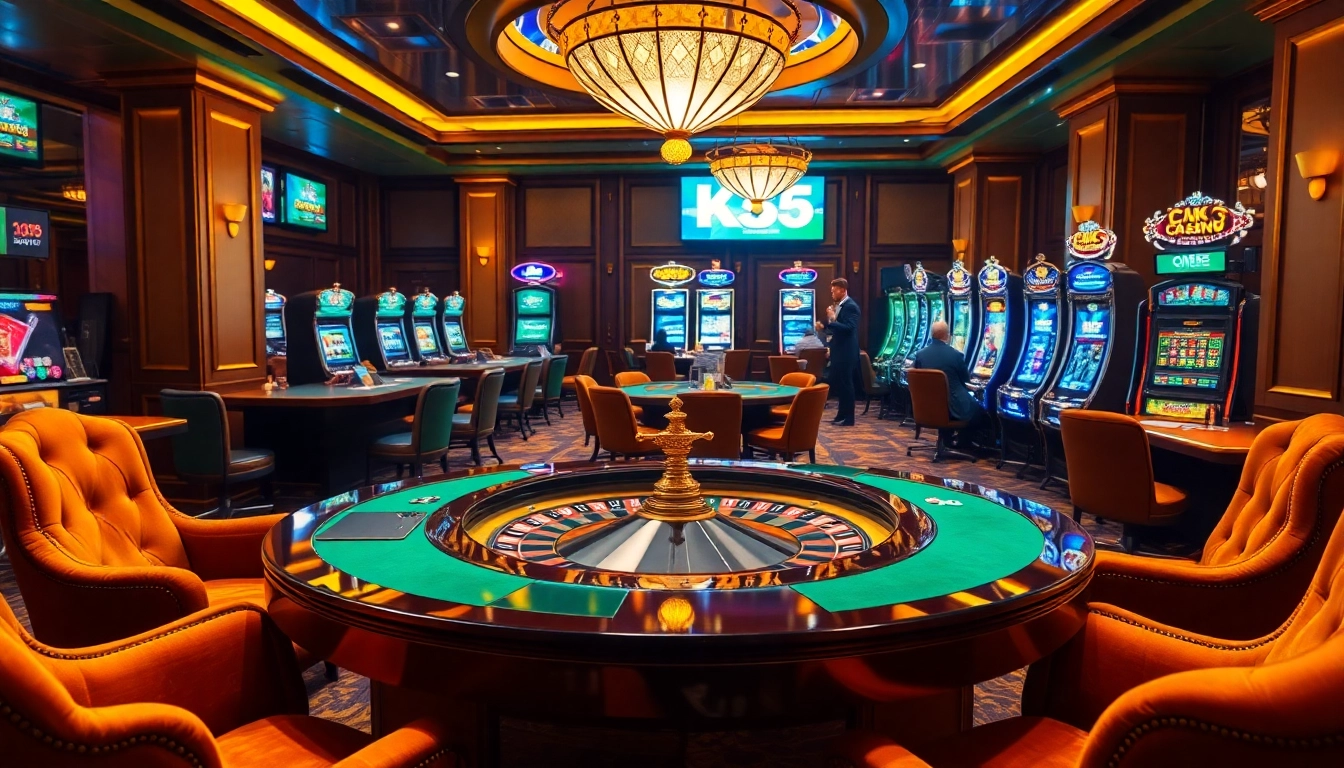 KK55 players enjoy high-stakes gambling with roulette and vibrant poker chips in a luxurious casino setting.