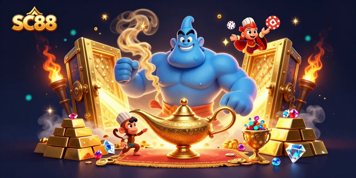 SC88 showcases an enchanting scene of a genie, monkey, and poker chips amidst dazzling treasures.