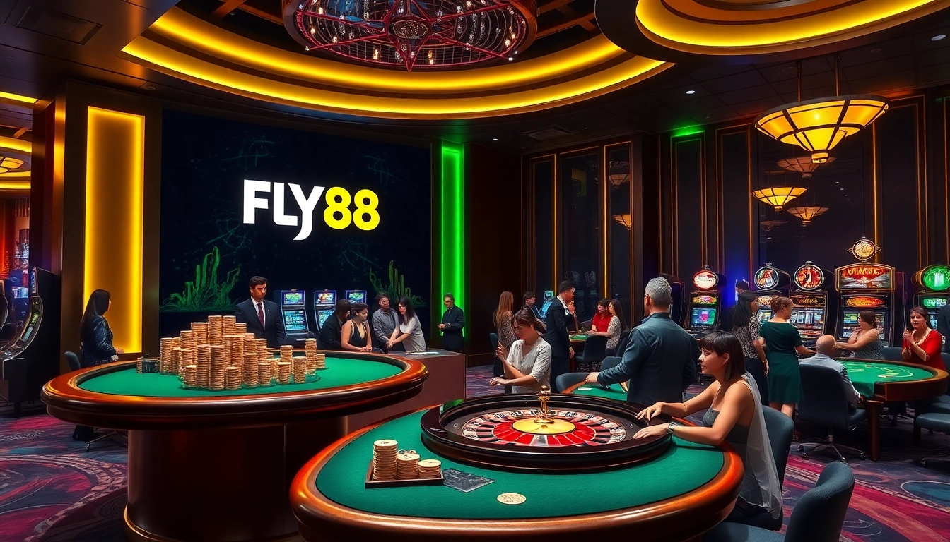 Players enjoying thrilling games at FLY88 casino with roulette and poker chips.