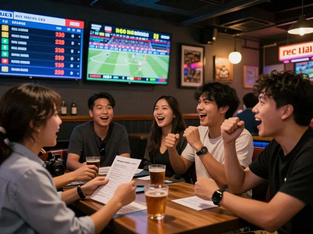 Excited group at betting parlor reviewing kèo nhà cái odds with live sports updates.