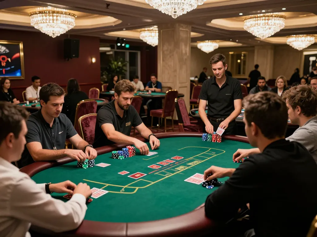 Twin68 players engaging in an exciting poker game at an upscale casino, bright chips and cards in motion.