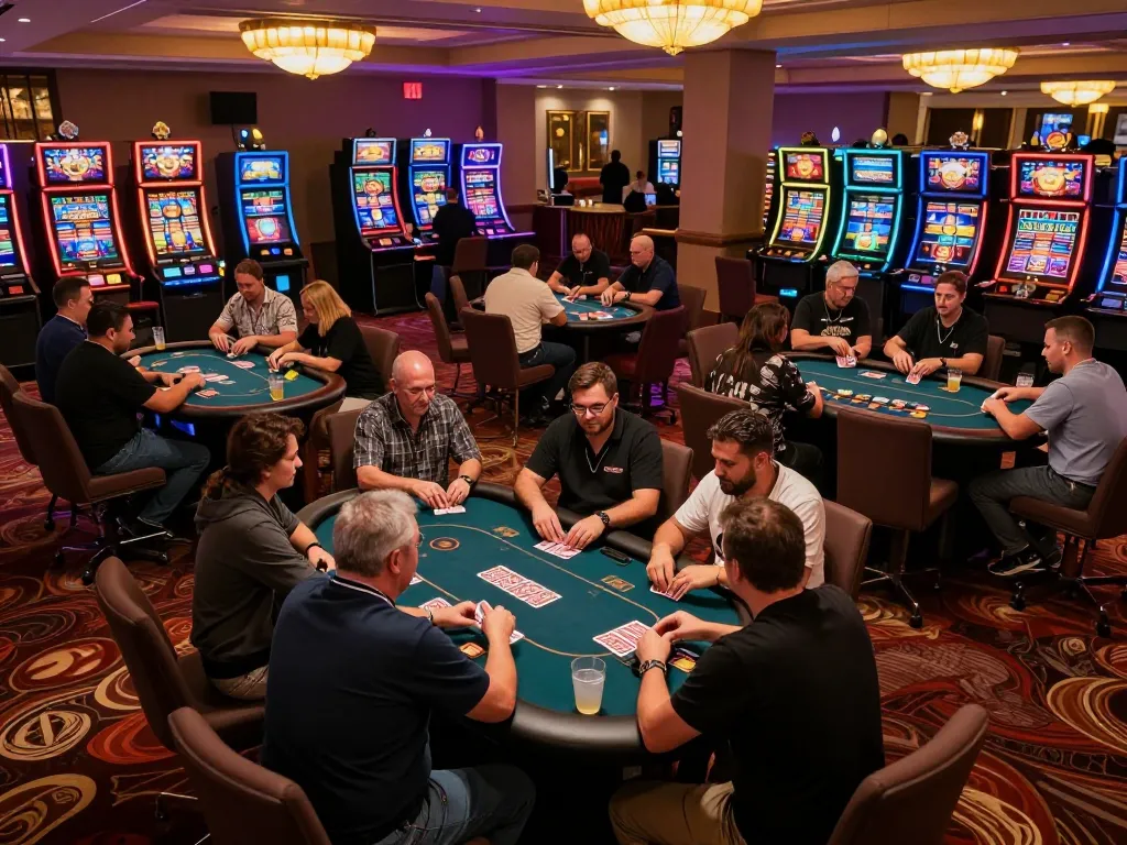 Kuwin players engaging in thrilling poker games at a vibrant casino floor with colorful slot machines.