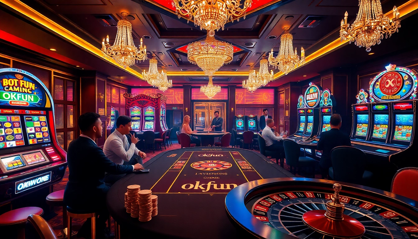 Experience the thrill of high-stakes gambling at okfun, showcasing luxurious casino tables and vibrant slot machines.
